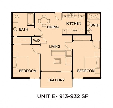 Floor plan for 2 beds, 2 baths, 930 sqft